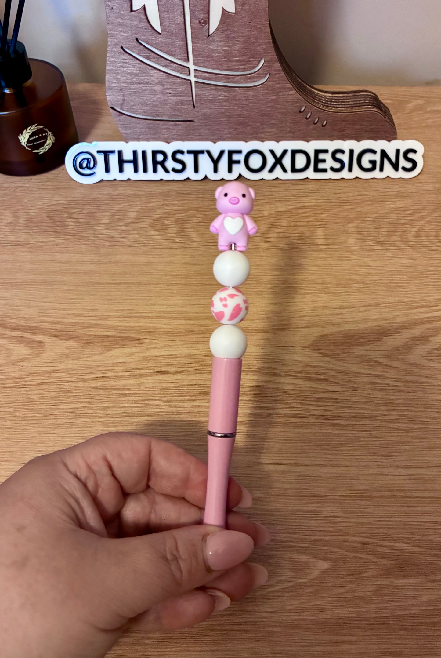 Pink & white Piggy beaded pen