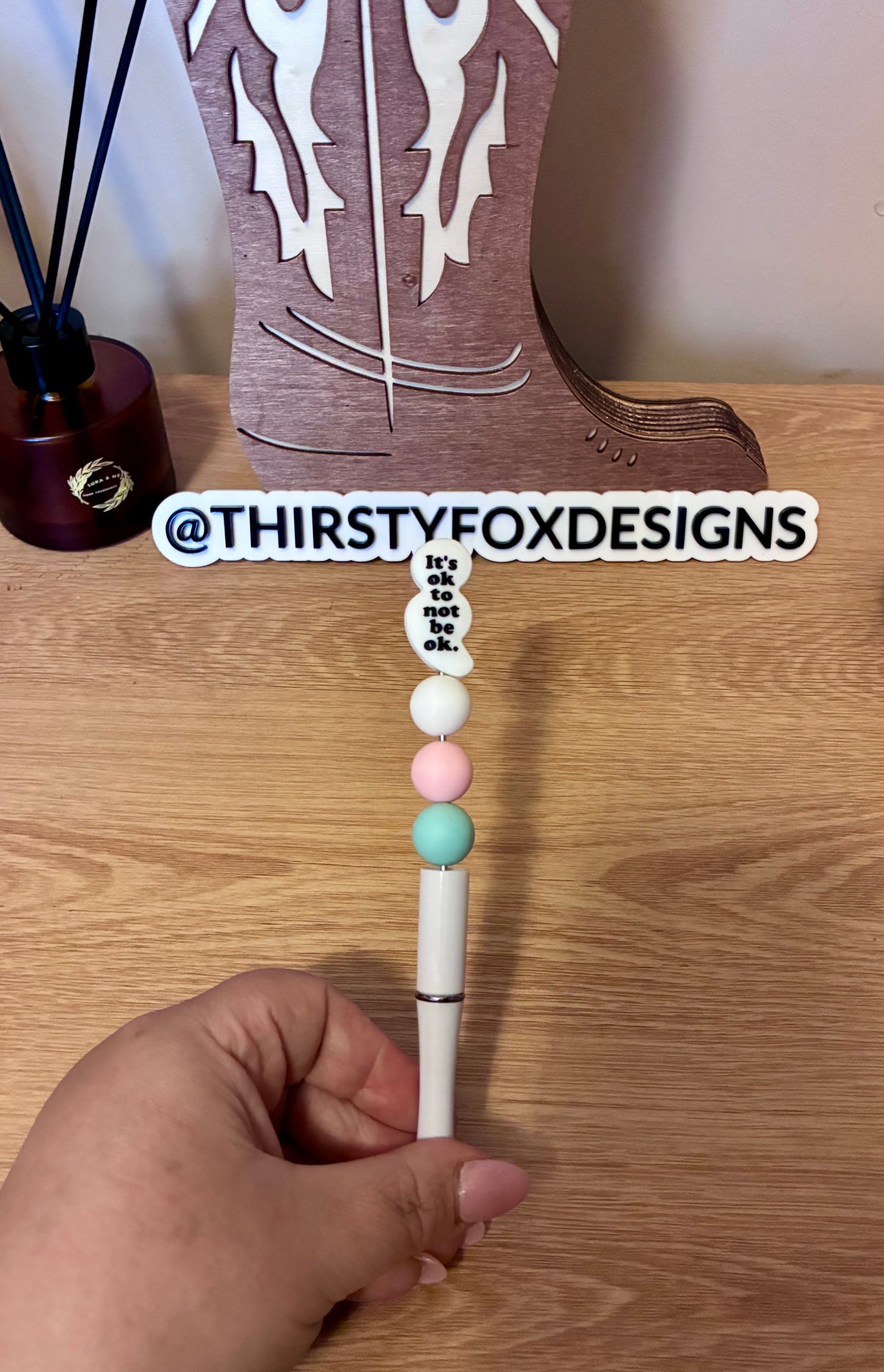 Pink, white & green Mental health quote pen