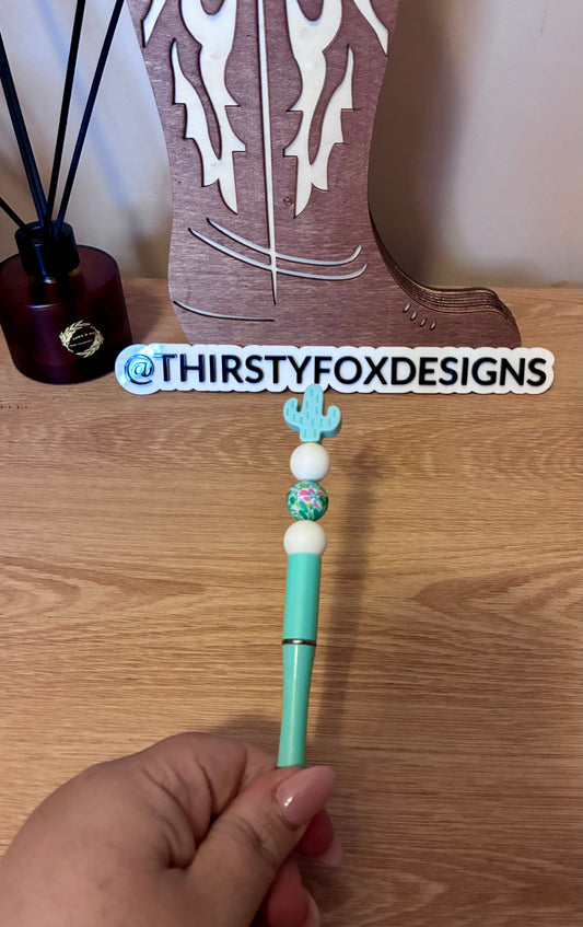 Green & white cactus beaded pen
