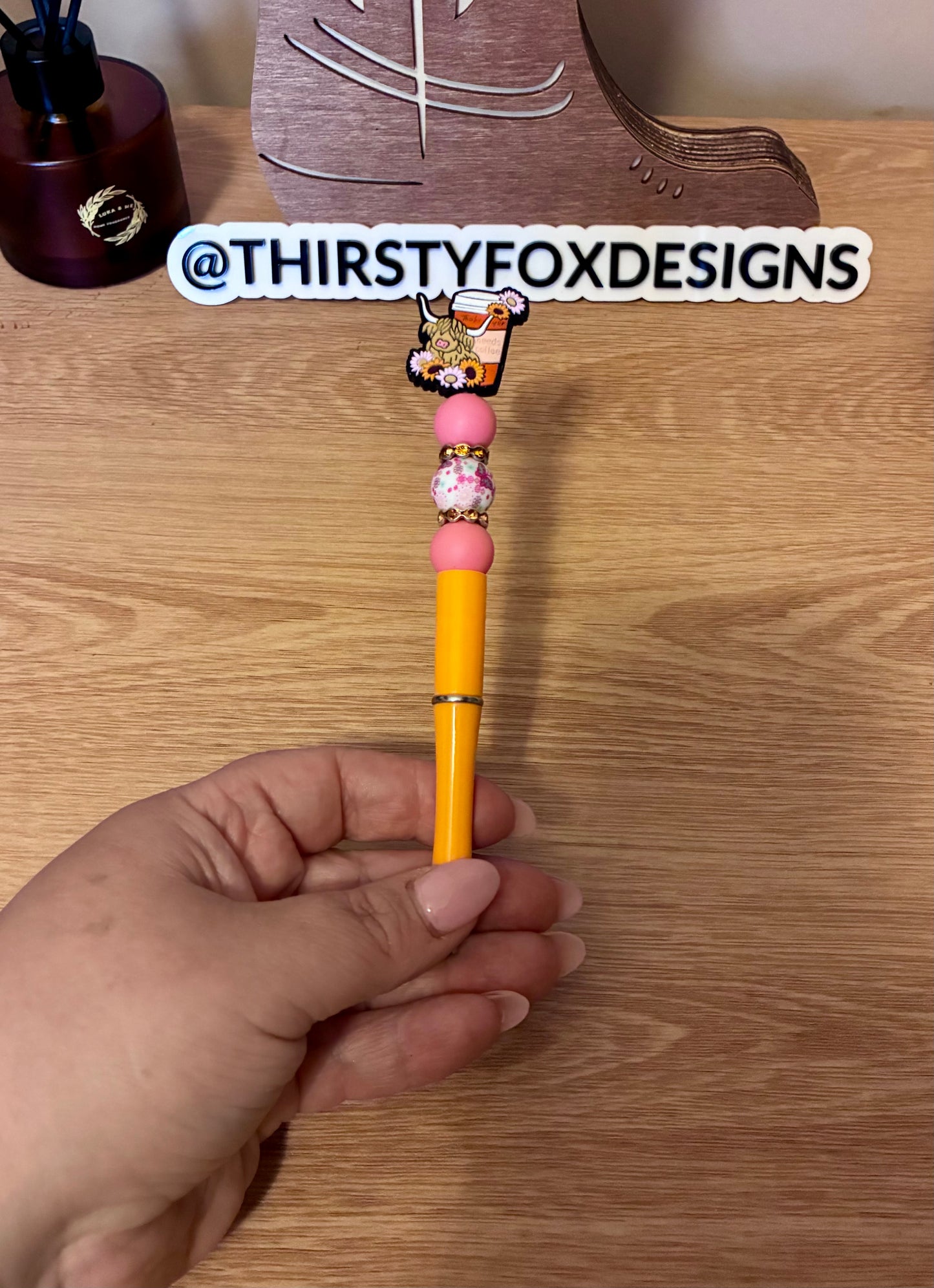 Pink & orange cow& coffee beaded pen
