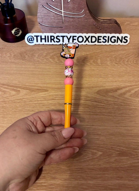 Pink & orange cow& coffee beaded pen