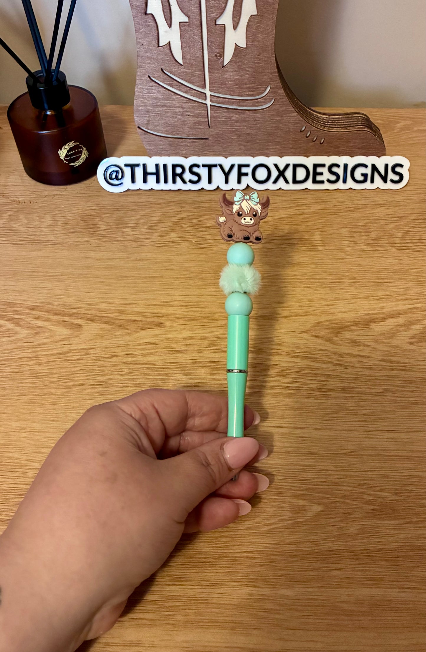 Green cow beaded pen