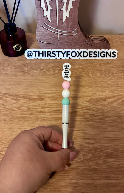 Green, pink & white mental health quote beaded pen
