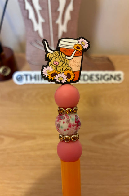 Pink & orange cow& coffee beaded pen