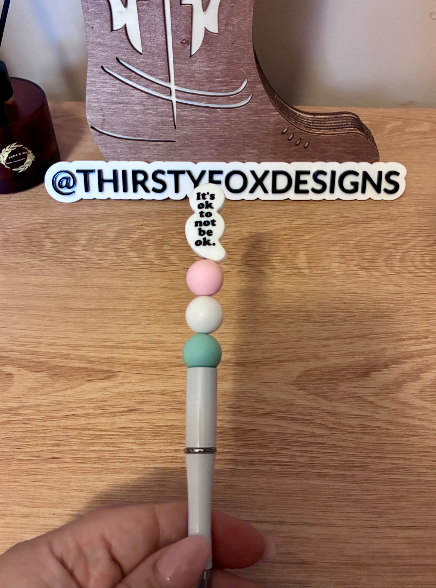 White, pink & green mental health quote beaded pen