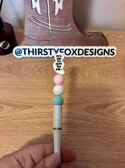 White, pink & green mental health quote beaded pen