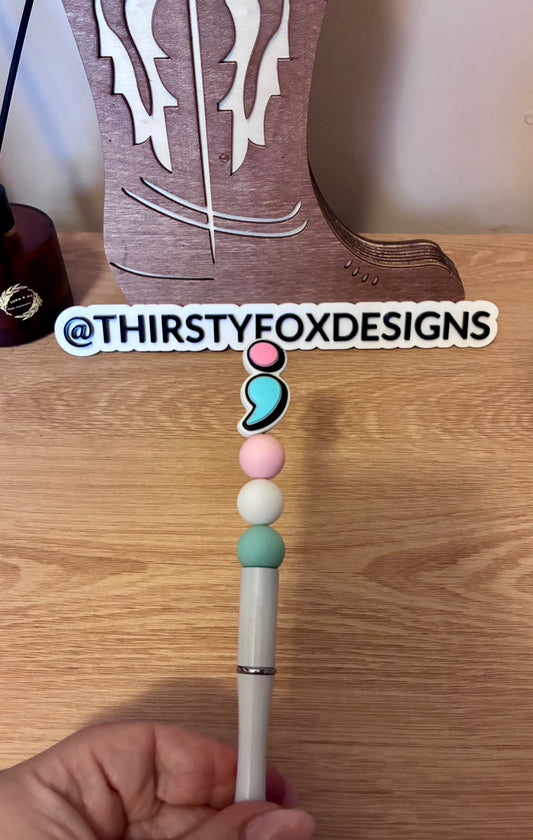 White, pink & green mental health quote beaded pen